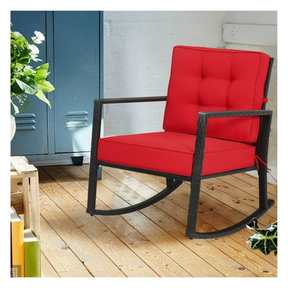 Yunken Patio Rattan Rocker Outdoor Glider Rocking Chair with Cushion, Comfortable Lawn Seat with Smooth Rocking Motion for Porch and Garden