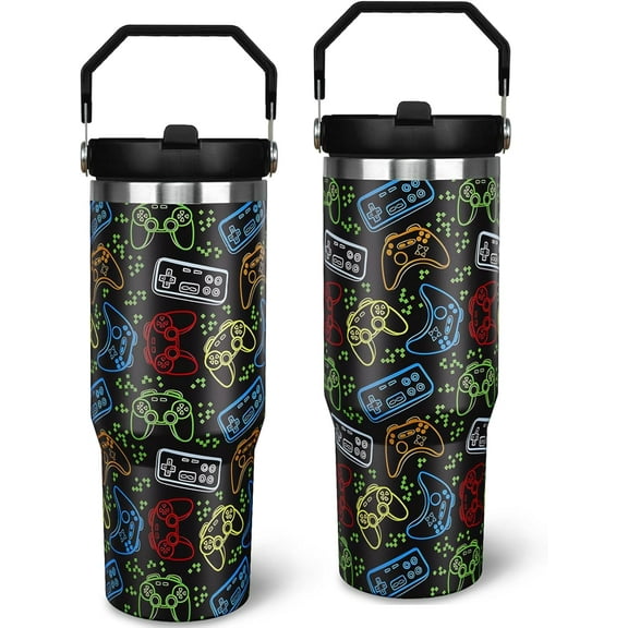 30 oz Gamer Tumbler with Straw, 30oz Gaming Flip Straw Tumbler Insulated Coffee Travel Mugs Cup Water Bottle Gamer Gifts for Men Dad Boy Boyfriend