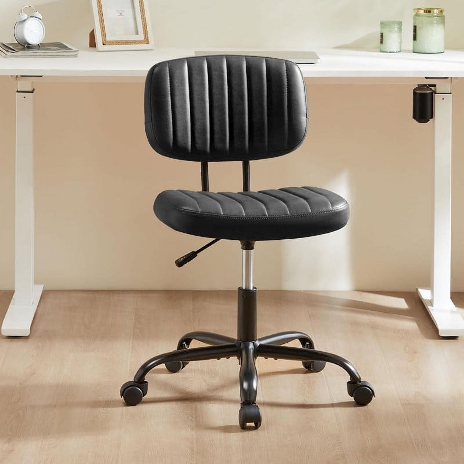 Armless Office Desk Chair with Wheels, Adjustable Height 360° Rolling Swivel Lumbar Support Low-Back Computer Chair, PU Leather, Black