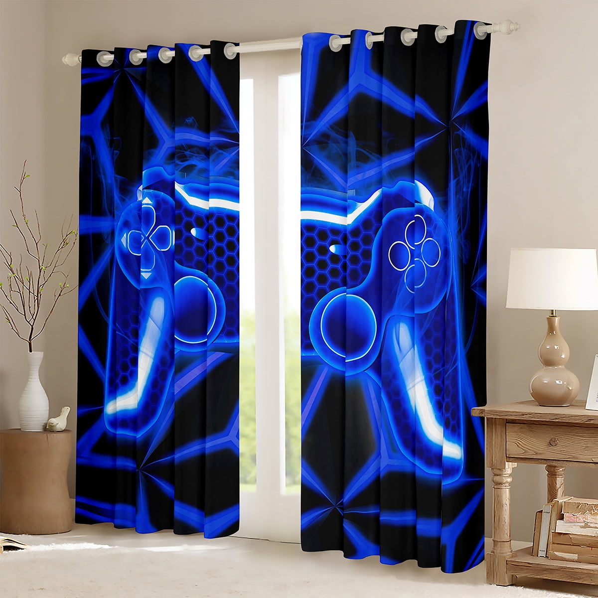 Erosebridal Video Game Curtains for Living Room,Blue Neon 30%-50% Blackout Curtains Set of 2 (38Wx45L),Geometric Honeycomb Curtains and Drapes (38Wx45L),Gamepads Bedroom Decorative