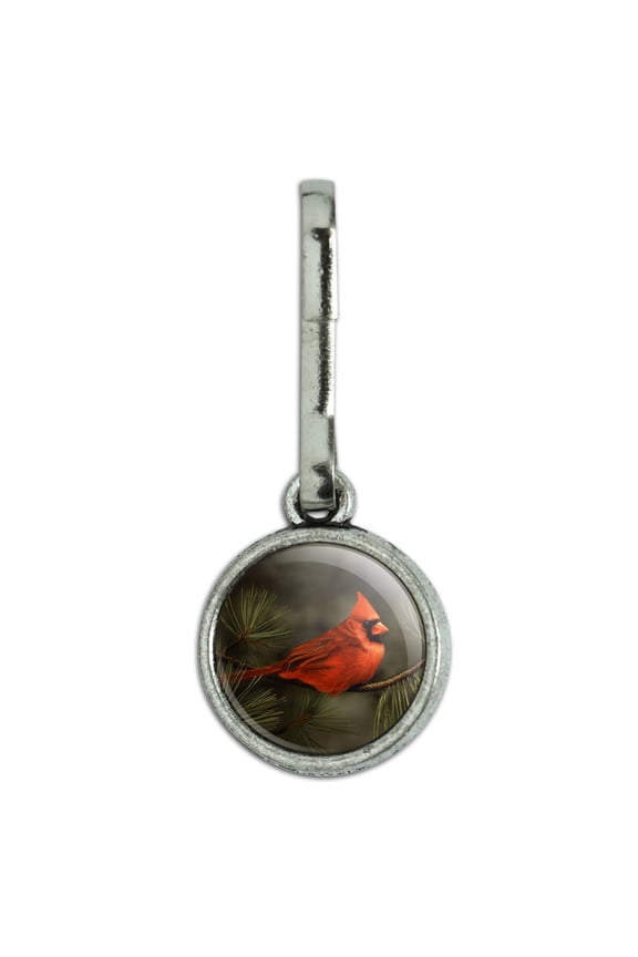 Northern Cardinal Red Pine Perch Antiqued Charm Clothes Purse Suitcase Backpack Zipper Pull Aid