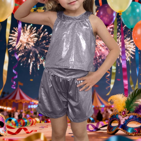 CUZIBR Girls Shirts Shiny Sequin Crop Top Sleeveless Round Neck Dance Wear Performance Party Glitter Solid Short Tee Spring Fall Clothing,Black,4-5 Years