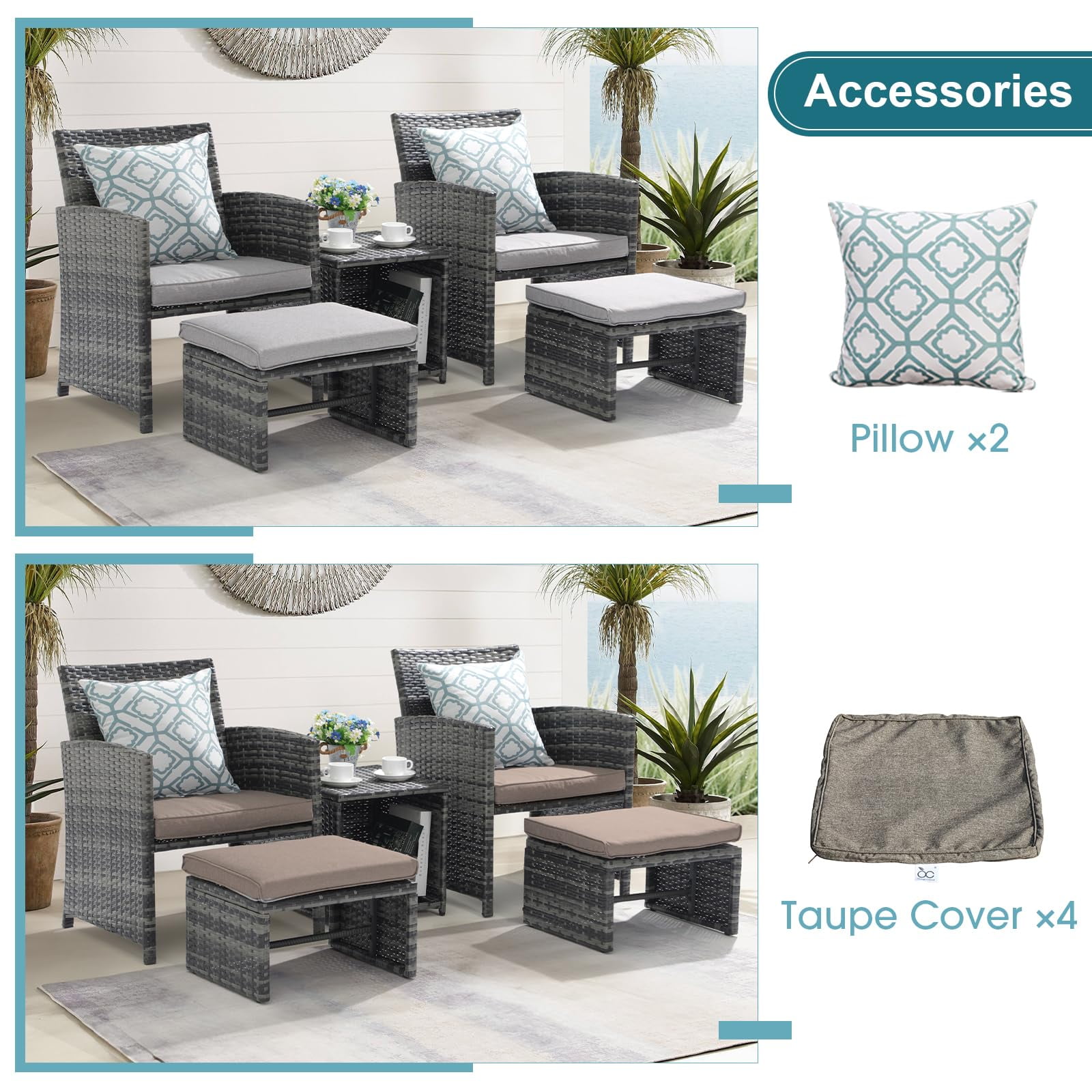 JOIVI 5 Piece Patio Furniture Set, Wicker Outdoor Patio Set with Ottoman and Small Coffee Table, Pillows Included, Light Gray
