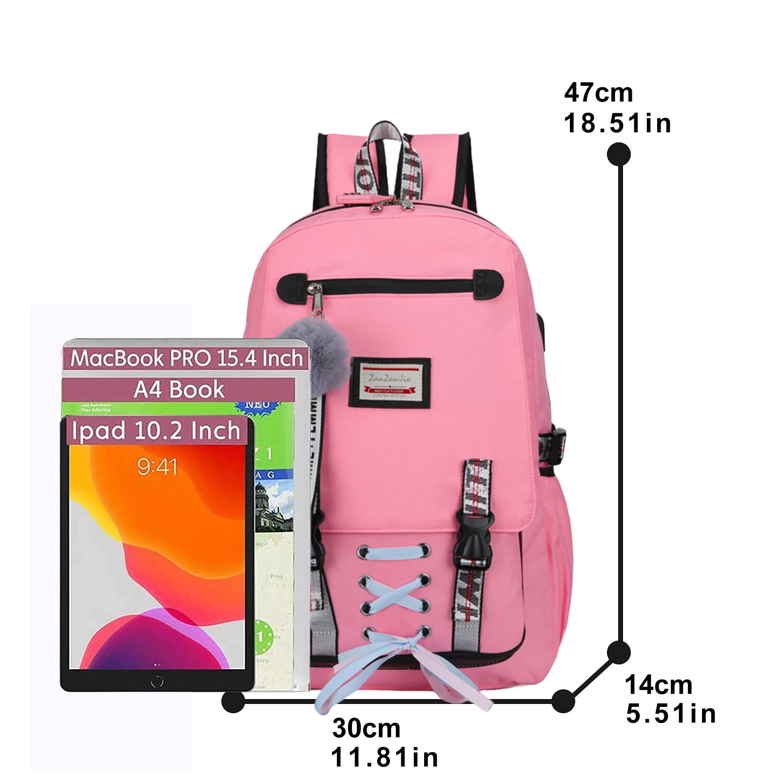 DAKIMOE Fashion Teenage School Backpack Student Middle School bag Men and Women Anti-theft Laptop Backpack with USB Charging Port (Pink), One Size