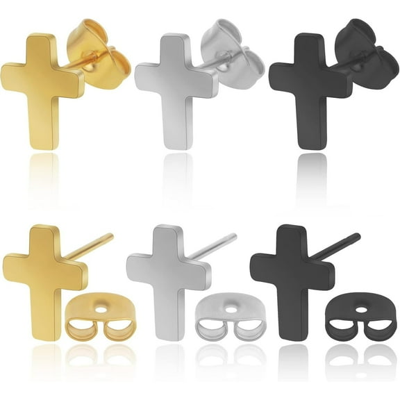 3 Pairs Hypoallergenic Tiny Cross Stud Earrings Stainless Steel Religious Cross Crucifix Shape Earrings Set for Women Men DIY Jewelry Making, 3 Colors