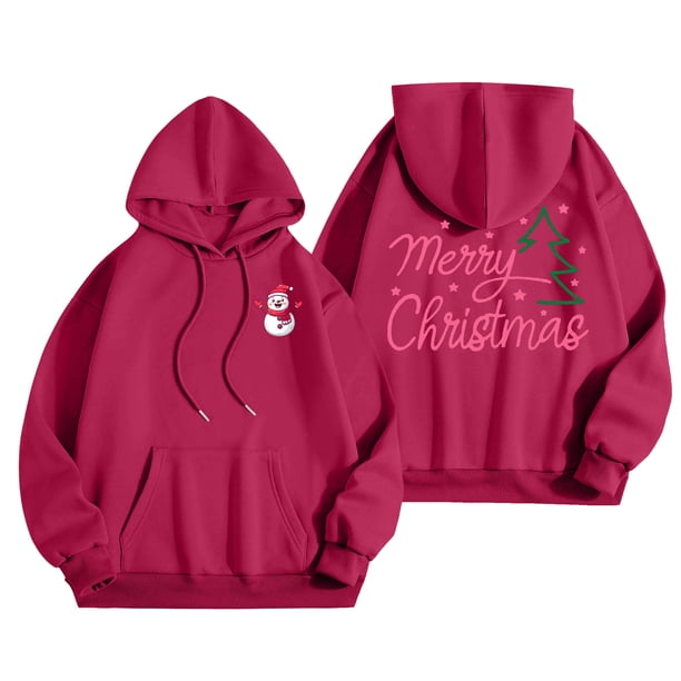 WILLBEST Sudaderas Deportivas para Mujer, Camiseta de Feliz Navidad para Mujer, Sudadera con Estampado de Letras y Árbol de Navidad, Sudadera con Capucha Navideña X-Grande