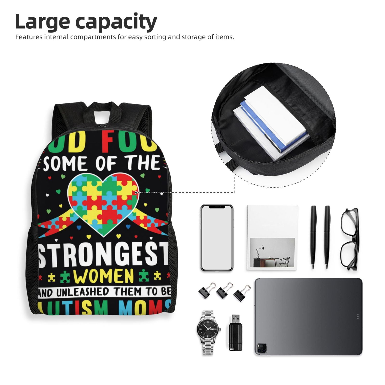 Xecao I Love With Autism Print School Backpack with Laptop Compartment Small Travel Laptop Backpack for Women Men Waterproof College Backpack Simple School Bag