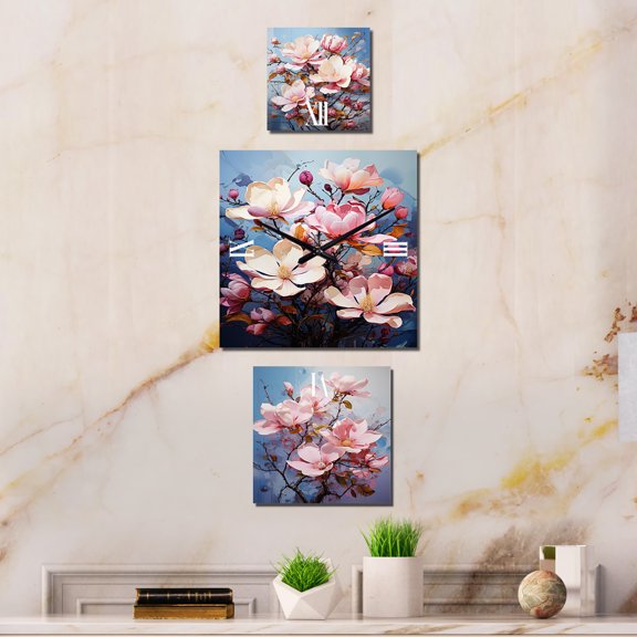 Designart "Blue and Pink Magnolia Serenade" Magnolias Extra large Clock For Office Décor - Large Traditional Wall Clock - Oversized Pink Wall Clock - Set Of 3