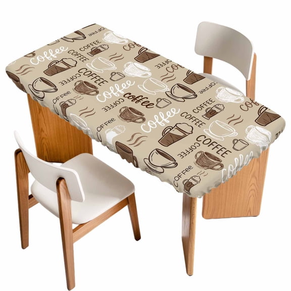 Coffee Table Cloths for 4 Foot Rectangle Tables, Beige Farmhouse Retro Beans Latte Tea Cup Funny Patio Waterproof Elastic Fitted Tablecloths, Washable Rectangular Table Cover for Camping