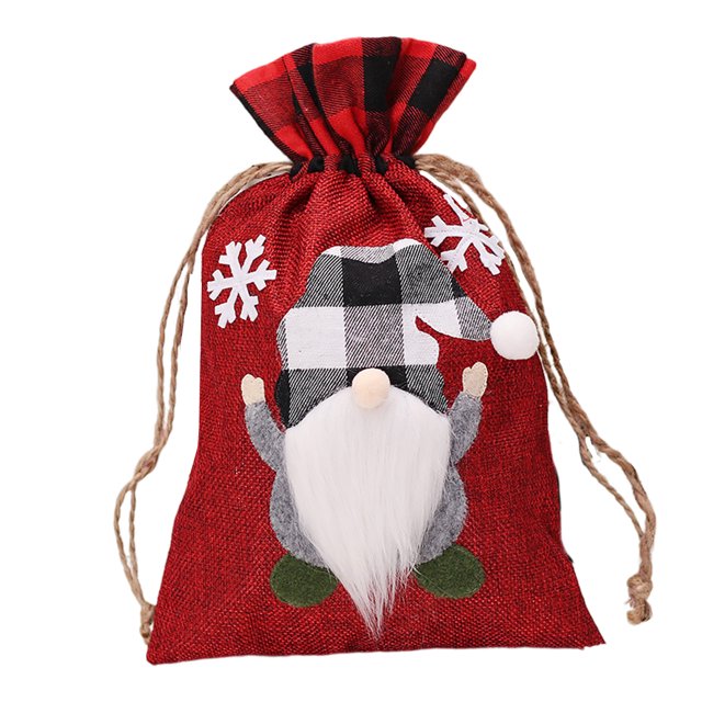 HEVIRGO 1PC Christmas Gift Bag Double Drawstring Opening Classic Plaid Faceless Doll Cute Prints Packaging Bag Portable Cookie Biscuits Snack Candy Container Hemp Cloth Bag Party Favors