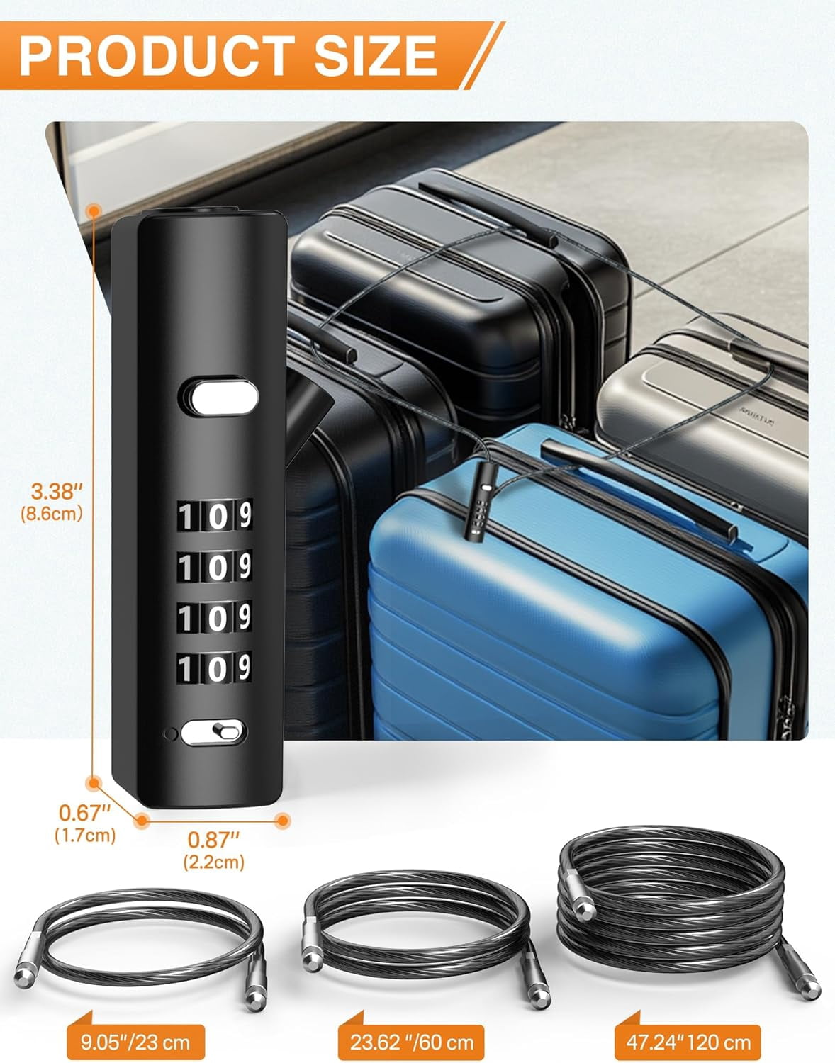 4-Digit Combination Cable Lock with 3 Steel Cables (9"/24"/47") - Secure Only with Current Code - for Bike, Luggage, Gate, Shed, Cabinet - Gun Grey, 1 Pack