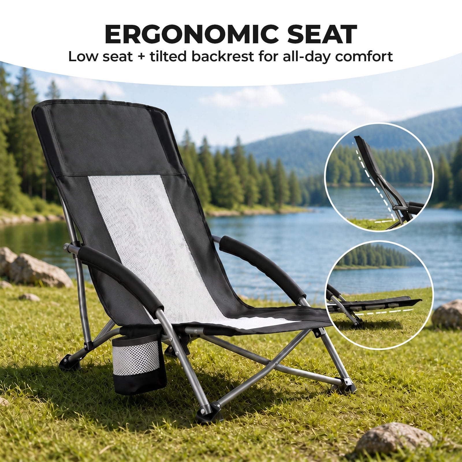 Alvantor Camping Chair - Folding Outdoor Chair with Mesh Back, Cup Holder, Heavy Duty 250 LBS, Portable with Carry Bag for Beach Picnic