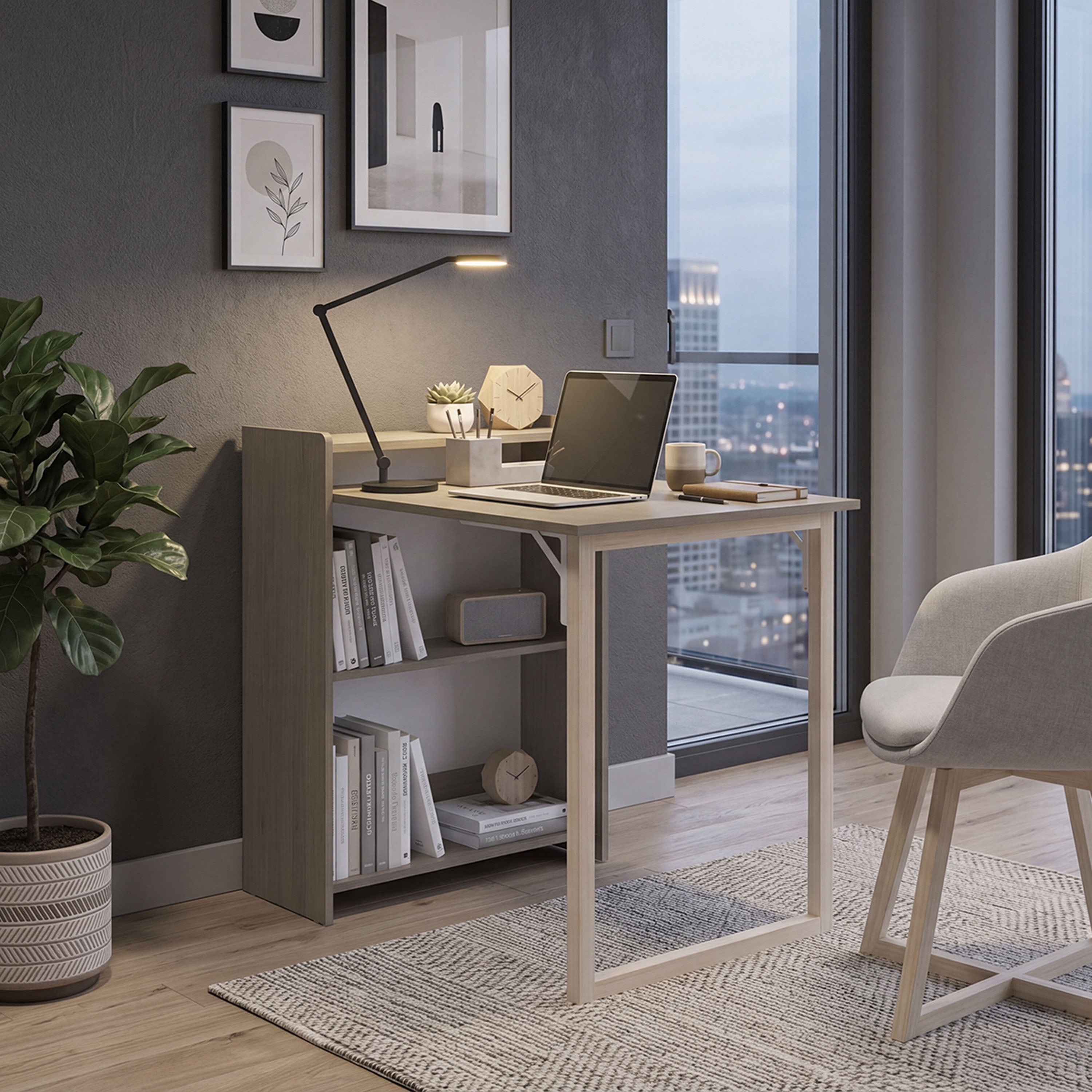 Astoutdoor Leslie Retractable Desk with Built-in Storage Shelves, Space Saving Computer Writing Table