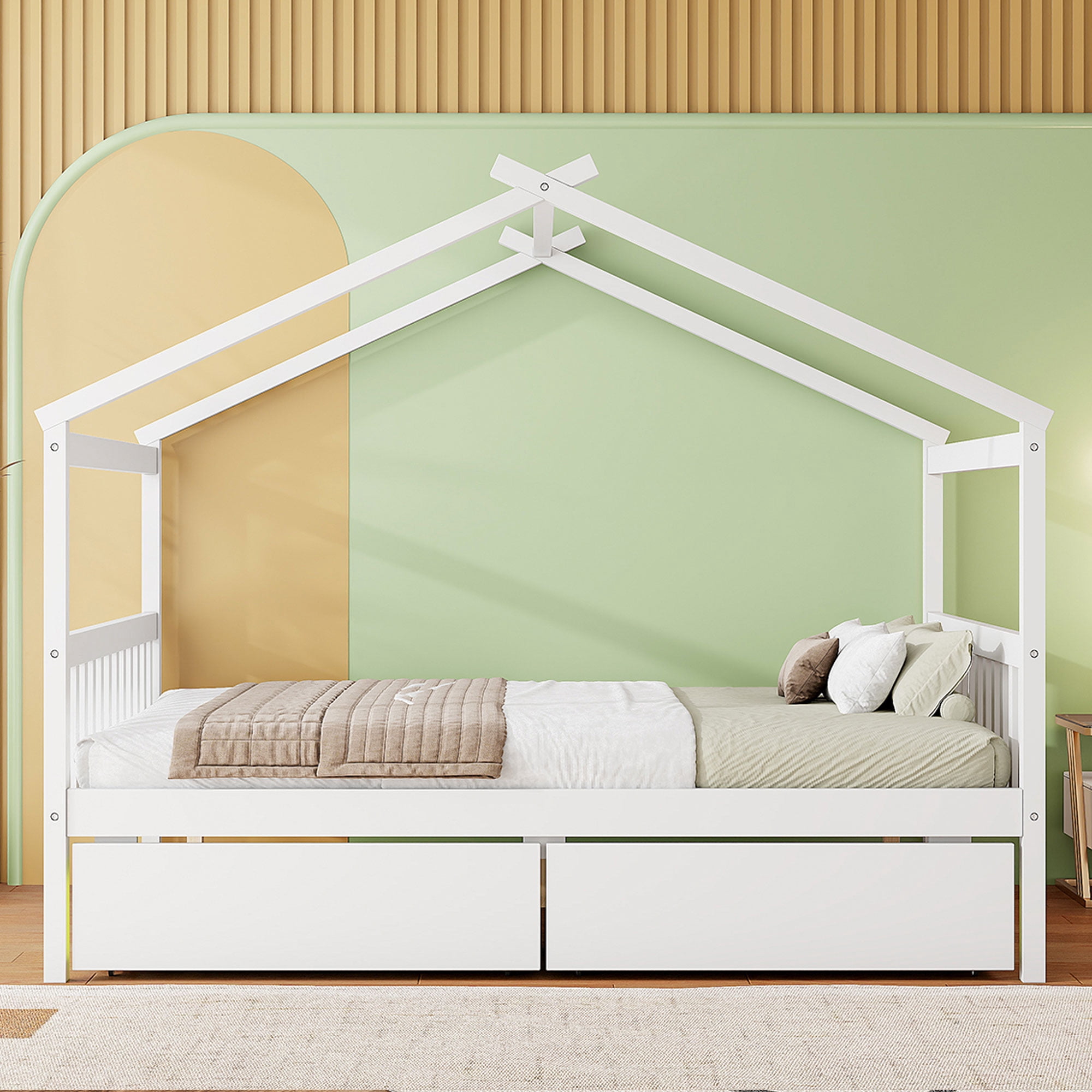 Aukfa Full Size House Bed with Two Storage Drawers for Kids, Solid Wood Montessori Bed Frame, White
