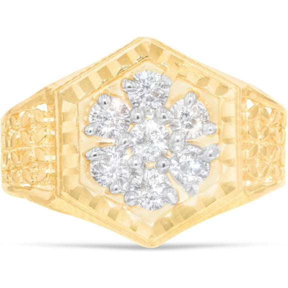 Floreo 10k Yellow Gold 15mm Hexagon CZ Openwork Flower Men's Ring, Sizes 5 - 13