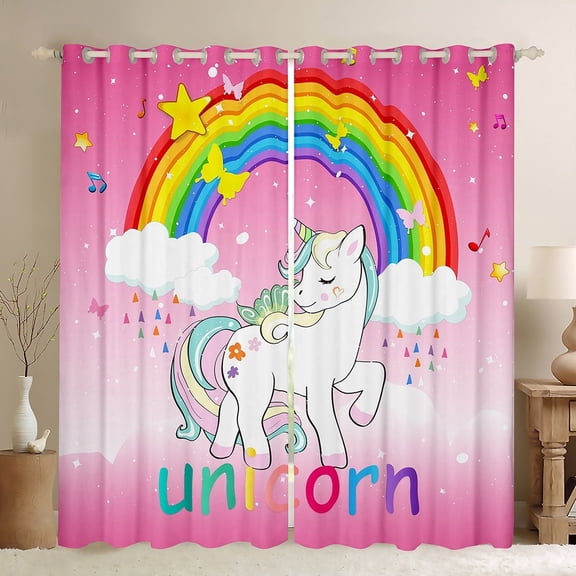 Unicorn Blackout Curtains Kawaii Rainbow Unicorn Curtains Galaxy Stars Window Curtains & Drapes White Horse Floral Darkening Curtains Fantasy Room Decor Pink Unicorn Gift 42"X84"