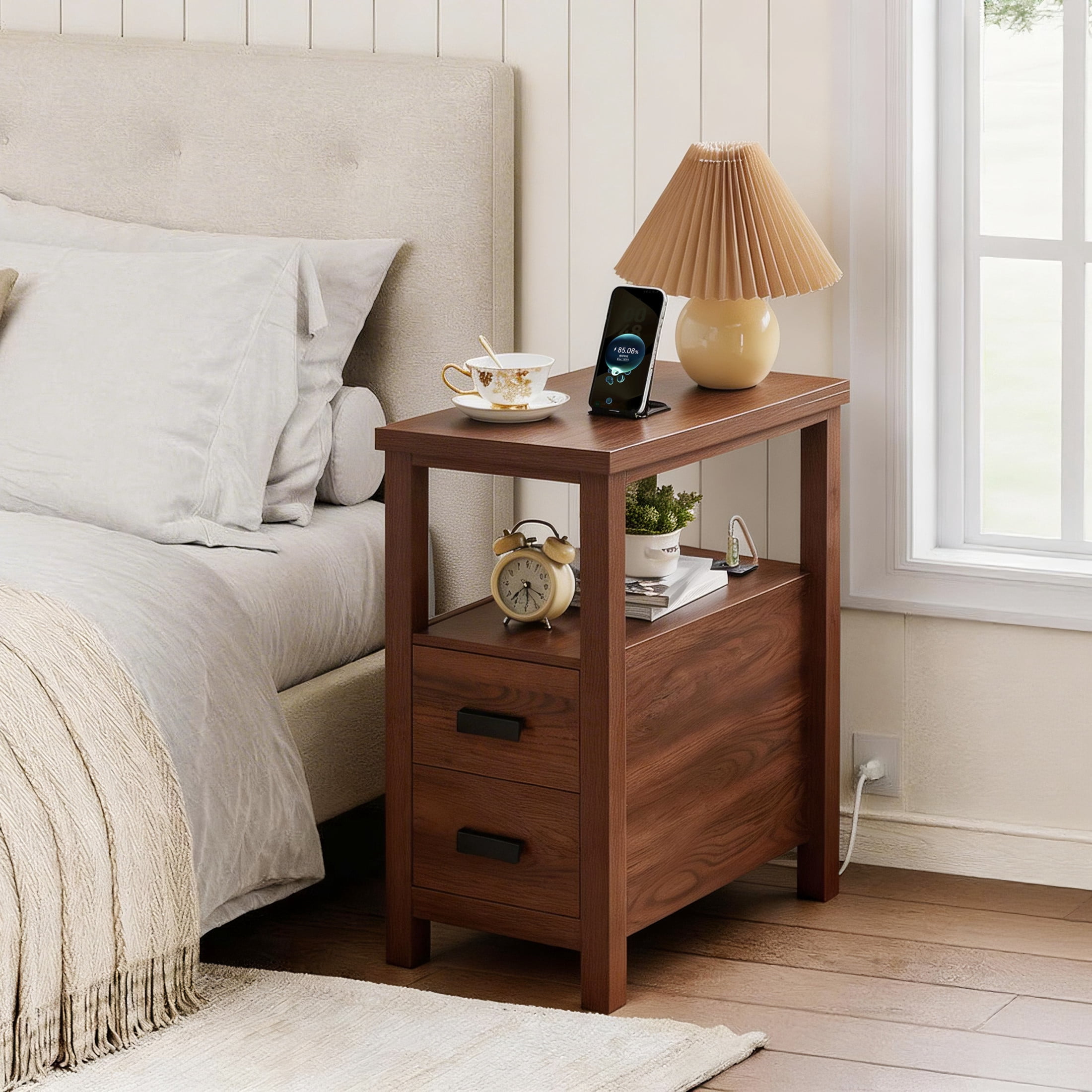 Noble House Marcus Modern End Table with Built-In Charging Station & 2 Drawers, Small Wood Bedside Table, Walnut
