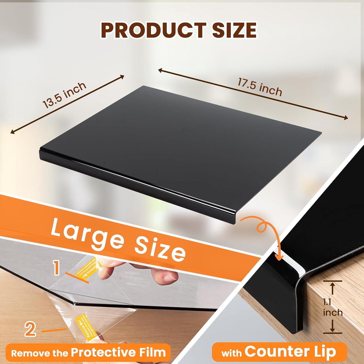 EVER BETTER Acrylic Cutting Boards for Kitchen, 17.5"×13.5" Thick Block Vegetable Bread Meats Fruits Board with Counter Lip, Anti-Slip CuttingTray,Black