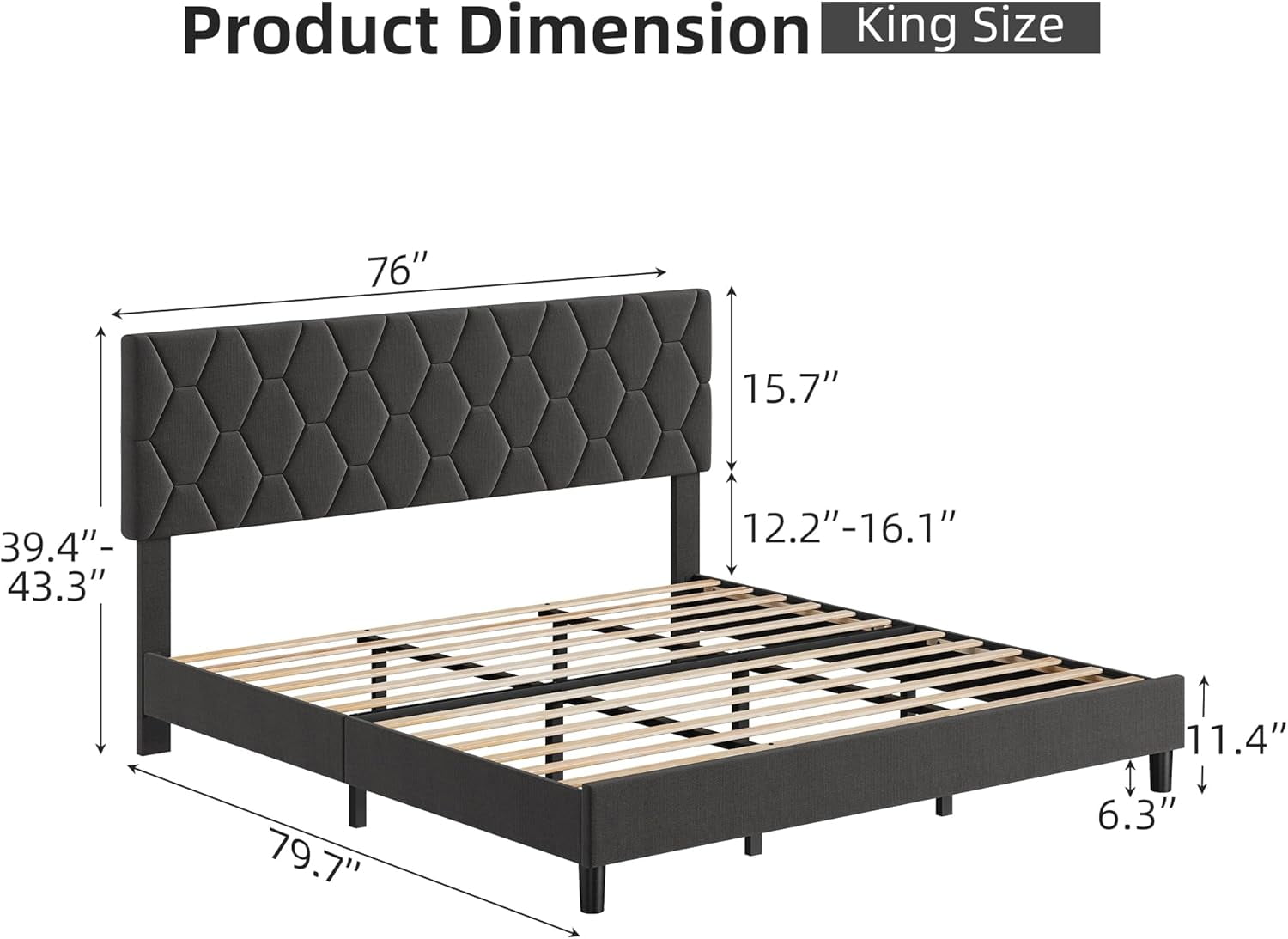 ChaoLink King Bed Frame Platform Bed Frame with Upholstered Headboard – Adjustable Fabric Bed Frame with Diamond Pattern, Soft Fabric, Wood Slat Support, Grey