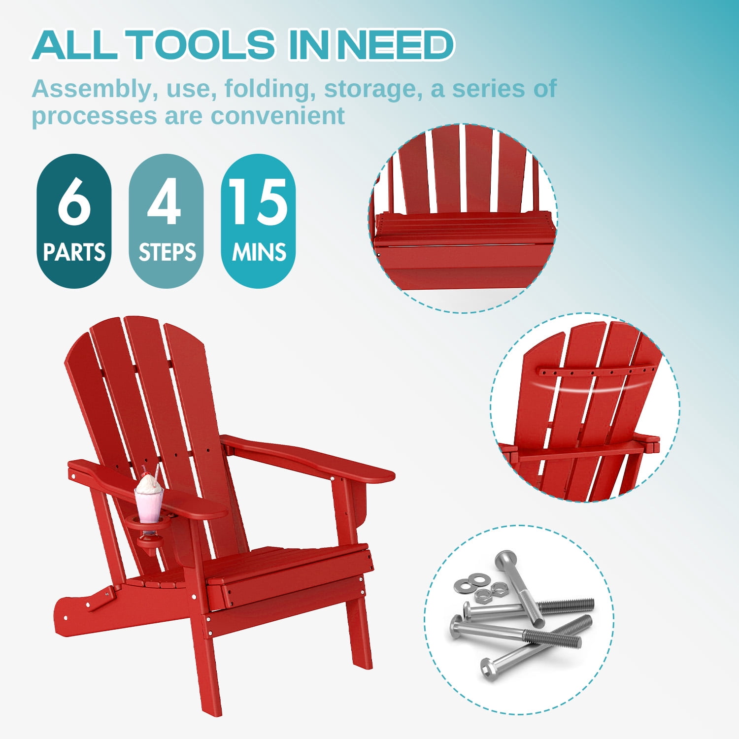 FODINGHILL Folding Adirondack Chair,HDPE All Weather Fire Pit Chair,Outdoor Plastic Chair for Patio Porch Garden,Red