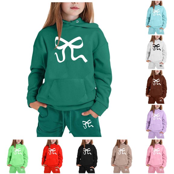 RUTAYY Girls 2 Piece Outfit Long Sleeve Hoodie and Sweatpants Set Bow Print for Kids Casual Wear Dark Green