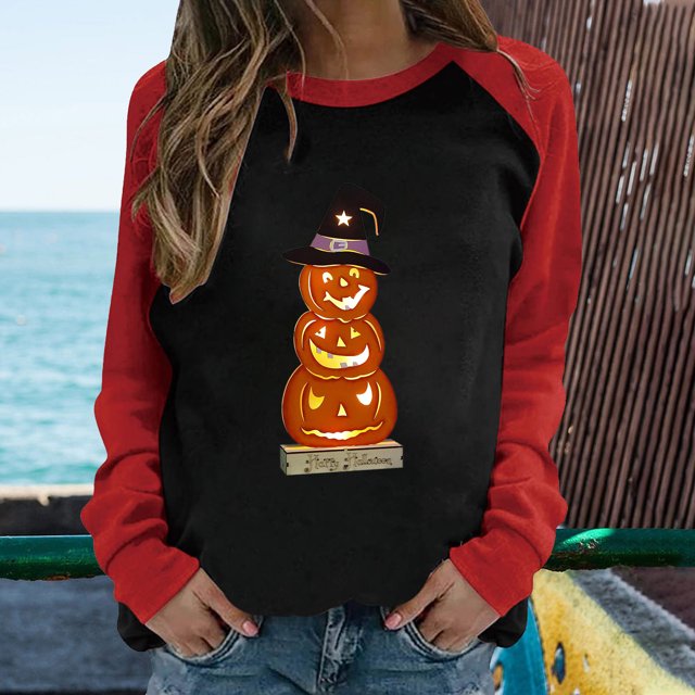Qiopertar Mode Printemps Patchwork Imprimé Manches Longues Col Rond Tee-Shirt Décontracté Liquidation Livraison Gratuite à Moins de 5$ jusqu'à 90% de Réduction