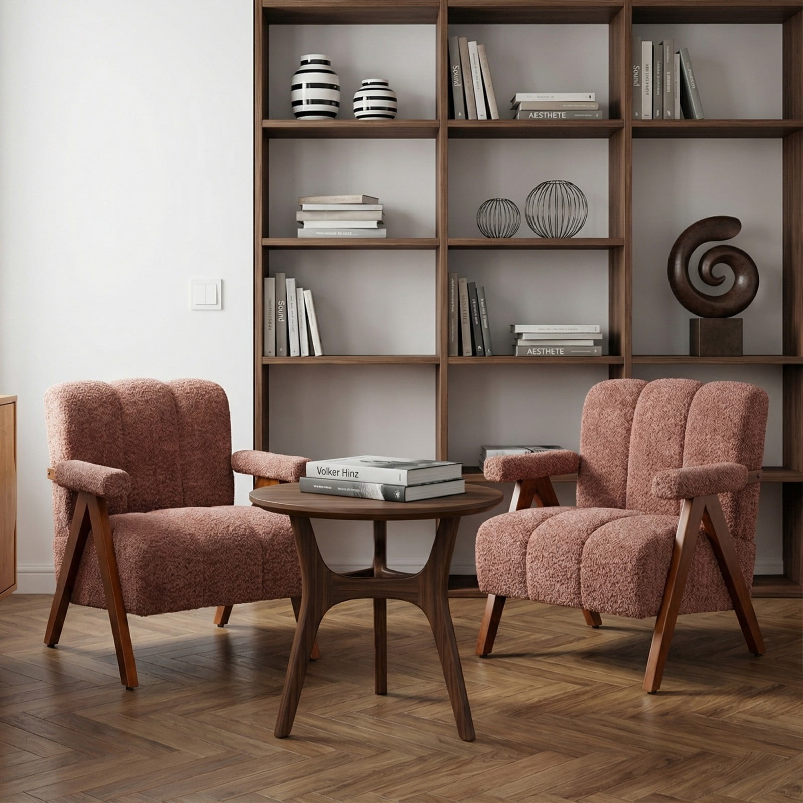 Mid-Century Modern Accent Chair Set of 2, Cloud-Shaped Chenille Lounge Armchair with Solid Oak Wood Frame, Upholstered Reading Chair for Living Room Bedroom Balcony, Rust Red