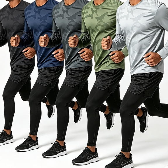 Men's 2 Piece Athletic Outfit Set, Camo Quick Dry Long Sleeve T-Shirt and 2 in 1 Running Pants, Workout Gym Training Sportswear Tracksuit