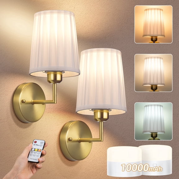 Wall Sconces Set of 2, Battery Operated Wall Sconces with Remote, 10000mAh Rechargeable Dimmable Wall Light with Bulb, Wireless Fabric Wall Lamp for indoor
