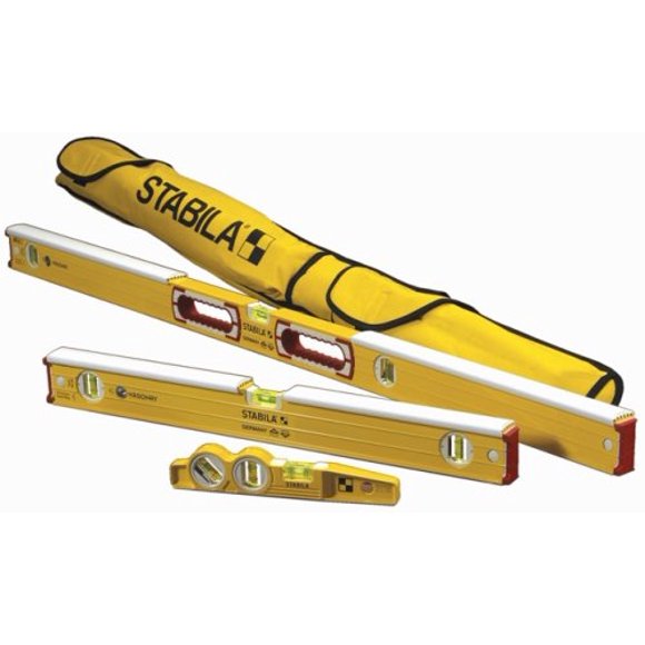 Stabila 48296 Mason kit includes 36448 - 48-Inch Mason Level with dead-blow shield, 36424 Mason Level with dead-blow shield, 25100 die cast torpedo and 30015 carry case