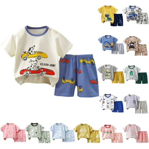 Jinhomg Toddler Short Sets 2 Piece Funny Cartoon Graphic Sets Lightweight Comfy Cotton Short Sleeve T-Shirts with Shorts Boys Girls Casual Daily Wear Multicolor 4-5Years