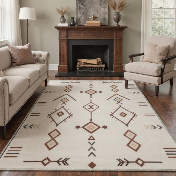 5x7 Washable Area Rug with Non Slip Backing Low Pile Lightweight Print Pattern for Living Room Bedroom Home Office Indoor Use Diamond Sand