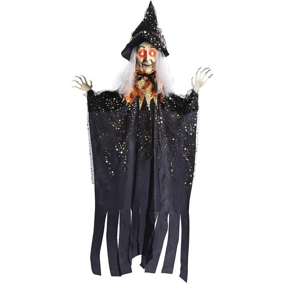 Halloween Animated Prop 6ft Life-Size Hanging Wicked Witch with Creepy Sound and Eyes Lighted Up, Sound Activated Halloween Animatronics for Indoor Outdoor Patio Yard Parties Decorations
