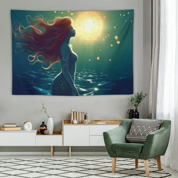 Creowell  Blue Deep Ocean Mermaid Soft Tapestry, Tapestries Wall Hanging Decor Painting Bedding For Classroom Hall Dorm Living Room Porch 60x40 Inch 60x40in