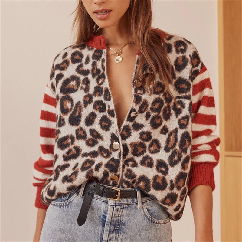新品　Cardigan Jacket Animal Print Women Open Front Leopard Cardigan Cheetah Print Knit Tops
