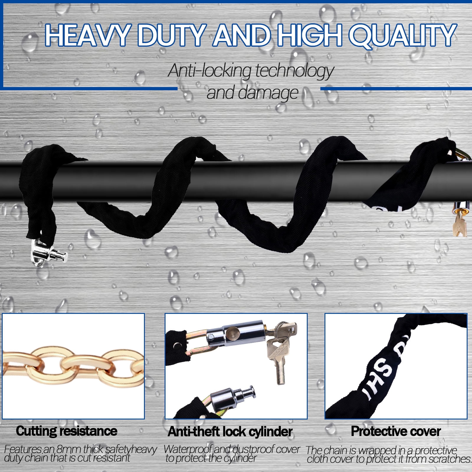 4.3FT Bike Chain Lock with 2 Keys, Bicycle Locks Heavy Duty Anti Theft, Bicycle Chain Locks, Bike Lock Chains for Motorbikes, Trucks, Iron Gates, Trolleys