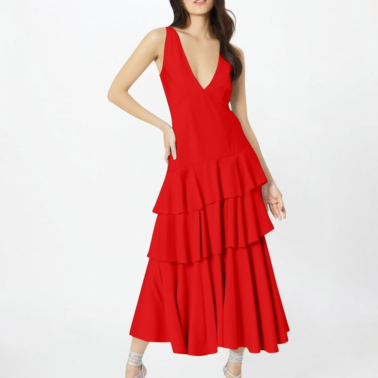 SMihono Ruffle Tiered Swing Chiffon Bridesmaid Dresses Long for Women Sleeveless V Neck Formal Evening Dresses Red XL - Walmart.com SMihono Ruffle Tiered Swing Chiffon Bridesmaid Dresses Long for Women Sleeveless V Neck Formal Evening Dresses Red XL - Walmart.com