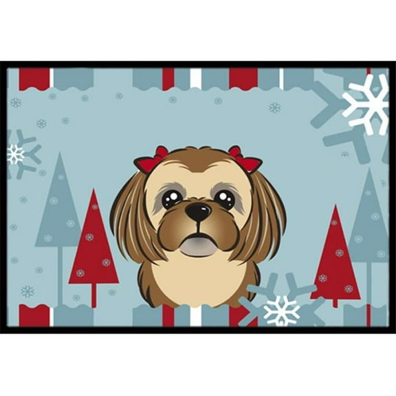 Winter Holiday Chocolate Brown Shih Tzu Indoor & Outdoor Mat- 18 x 27 in.