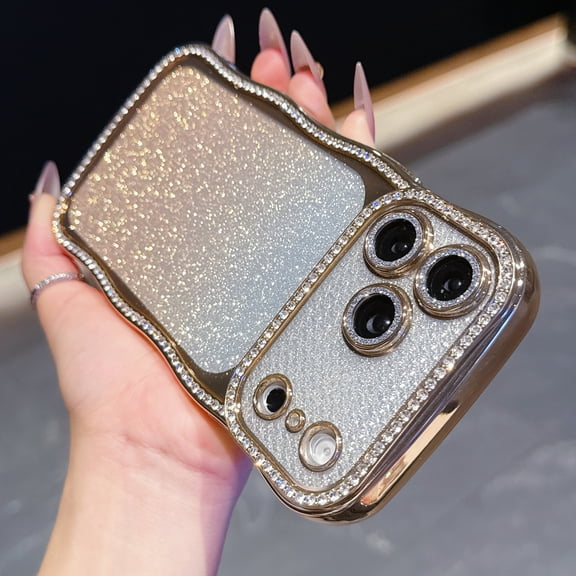 Electroplated Diamond Wave Gradient Glitter Phone Case for iPhone 17 Pro Max with Lens Protector, Support Wireless Charging, Stylish Design Girls Women Compatible with iPhone 17 Pro Max, Gold