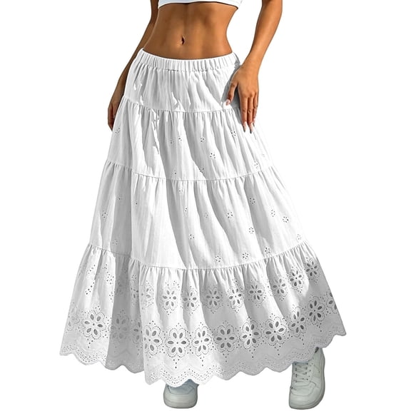 Arlun Women's Boho Eyelet Embroidery Maxi Skirts Elastic High Waist A-Line Summer Casual Beach Long Skirt Loose Fit Solid Color Ruffle Tiered Flowy Beach Vacation Skirts 2026 White one Size