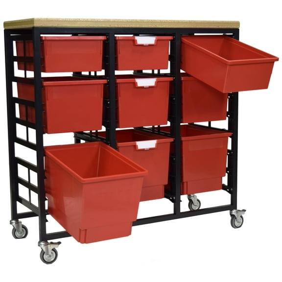 Mobile Workbench Storage Station w/Wood Top -9 StorSystem Trays-Red