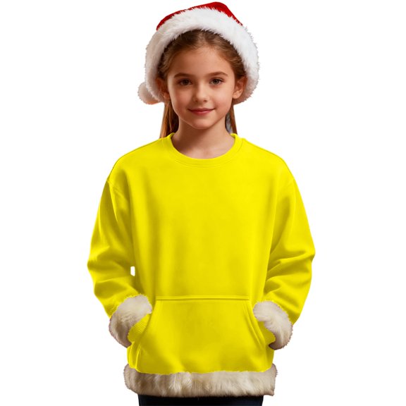 FINALGANG Boys Girls Sweatshirt Kids Solid Color Crewneck Sweatshirt With Fuzzy Trim Kangaroo Pocket Long Sleeve Soft Relaxed Fit Pullover For Festive Daily Wear Activities Trendy Top