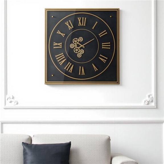 HomeRoots 485978 35 in. Black & Gold Glass & Metal Exposed Gear Square Wall Clock