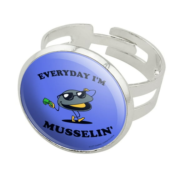 Everyday I'm Musselin' Mussel Hustling Funny Humor Silver Plated Adjustable Novelty Ring