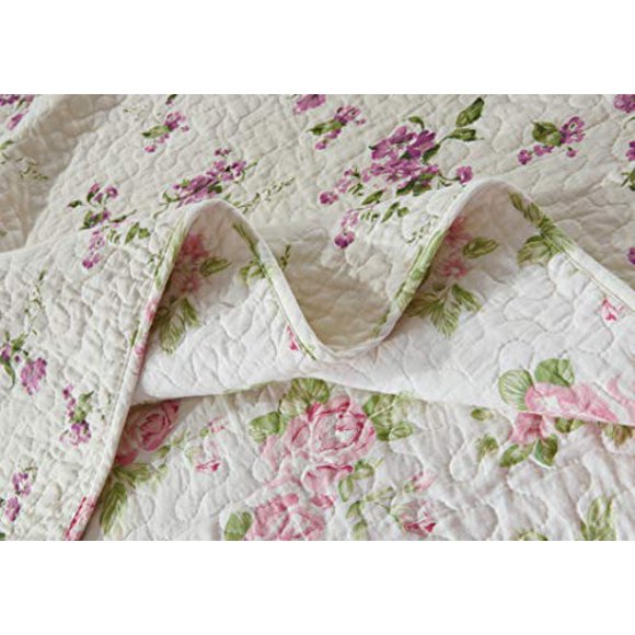 Chezmoi Collection Dakota 3-Piece Reversible Pink Rose Pre-Washed Cotton Shabby Chic Quilt Coverlet Set (King)