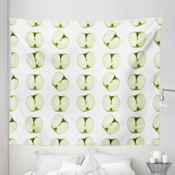 Fruits Tapestry, Fresh Granny Smith Halves Farm Products Delicious Cut Food Orchard Yield, Fabric Wall Hanging Decor for Bedroom Living Room Dorm, 5 Sizes, Pale Green Apple Green, by Ambesonne