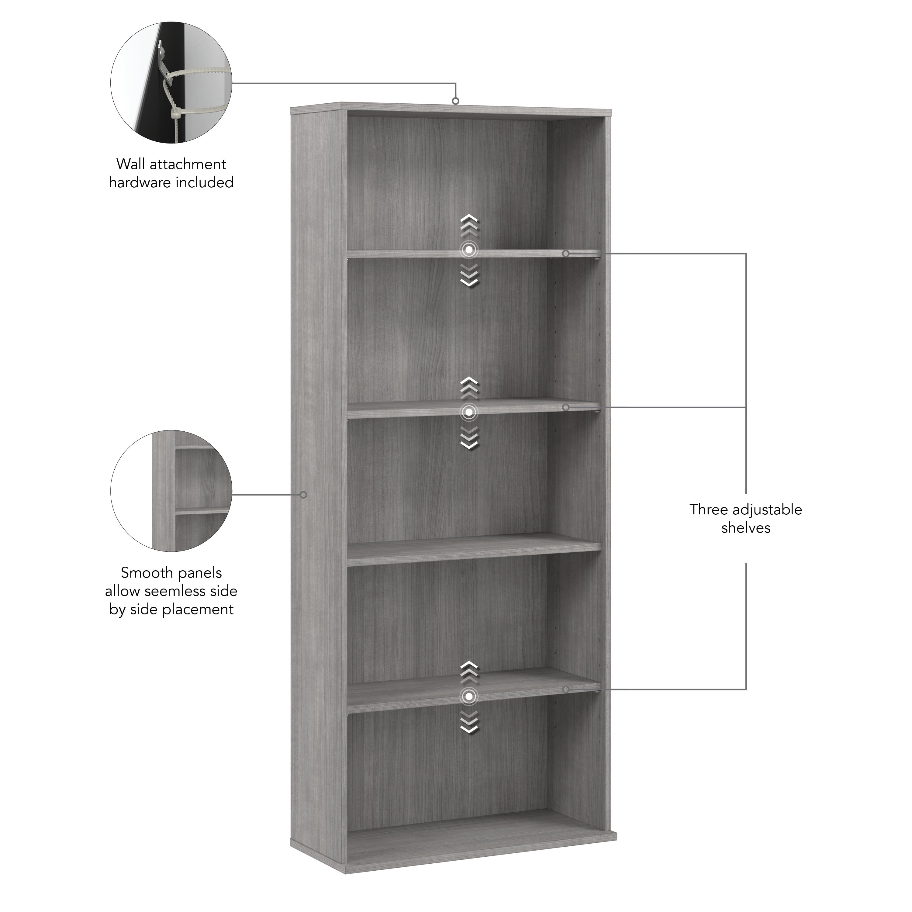 Bush Business Furniture Hustle Tall 5 Shelf Bookcase in Platinum Gray