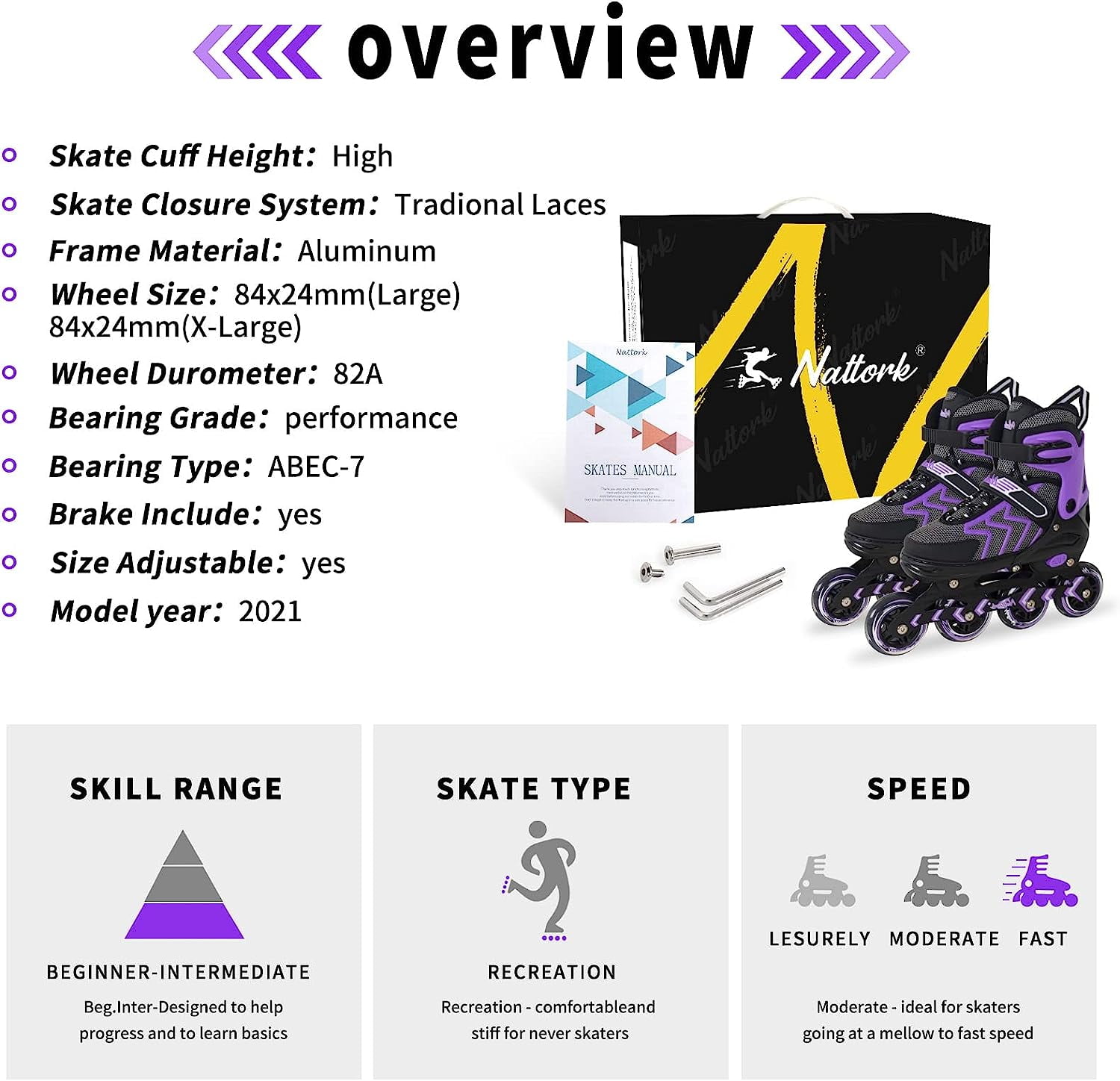 SubSun Inline Skates for Adults Men Women Adjustable Aggressive Durable Roller Blades with Giant Wheels Purple L