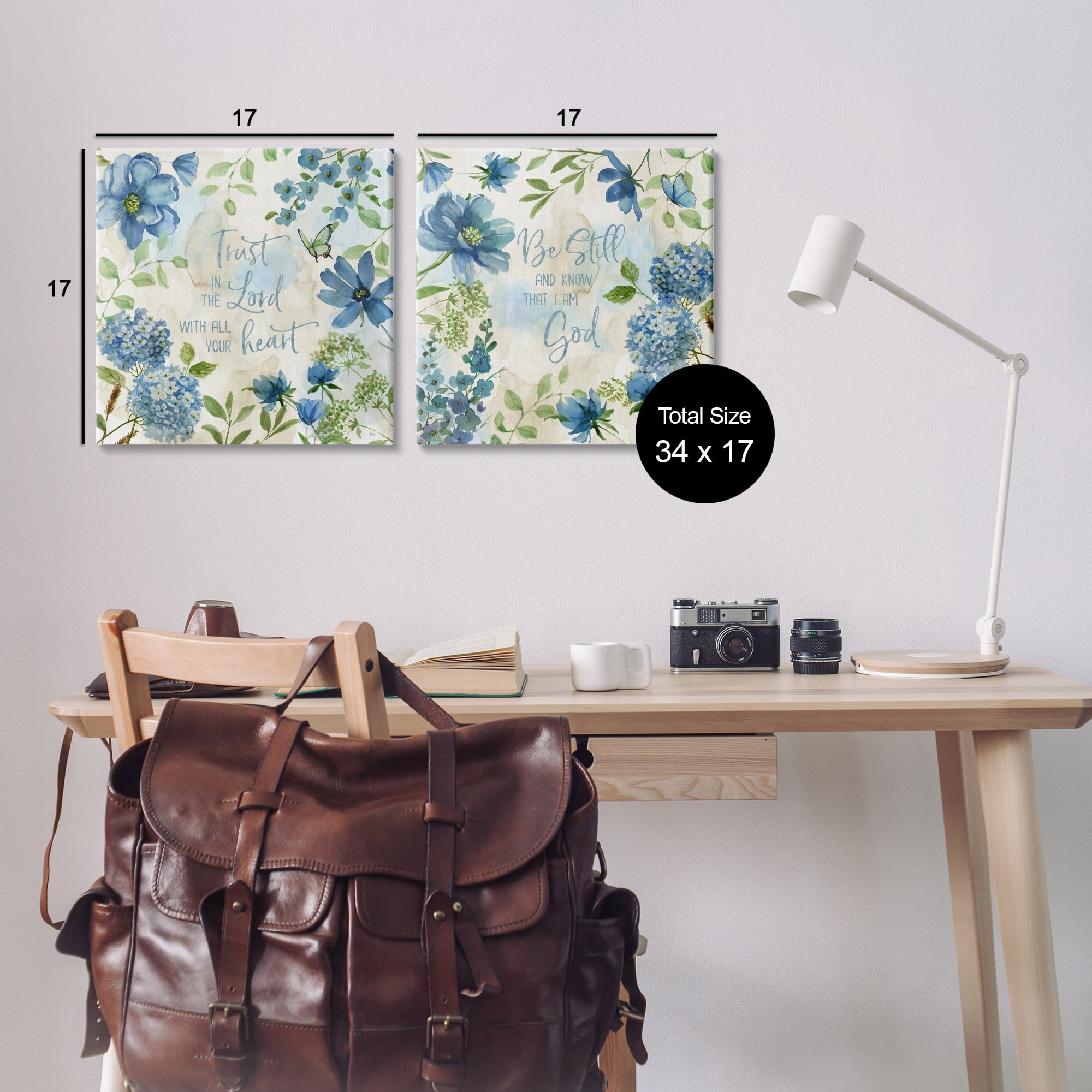 Stupell Industries Trust Be Still Blue Hydrangea Religious & Spiritual Painting Wrapped Canvas Art Print Wall Art, 17 x 17, Set of 2