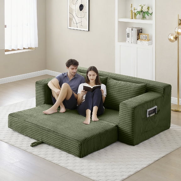 Memory Foam Cloud Loveseat Sofa Couch, 2 in 1 Convertible Folding Sofa Couch Bed Compressed Corduroy Floor Lounge with Storage Pockets for Apartment, Office, Living Room, No Assembly, Green